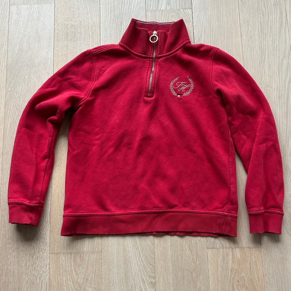 Tommy Hilfiger Quarter Zip Sweatshirt S Red Embroidered Crest Logo Tennis Prep - Picture 2 of 9